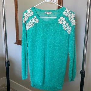 PINK ROSE Teal Sweater with Embroidered Flowers, Sz S